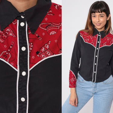 90s Western Blouse Black Cowboy Boot Guitar Print Button Up Shirt Southwestern Print Top Cowgirl Rodeo Long Sleeve Vintage 1990s Small S 