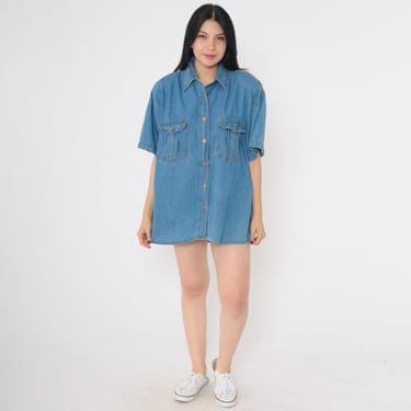 Vintage 90s Denim Shirt Short Sleeve Blue Jean Button up Collared Retro Top Plain Casual Utility Pocket 1990s Oversized Women's 38 Medium 