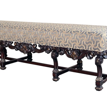 Long French Louis XIV Style Carved Walnut Bench