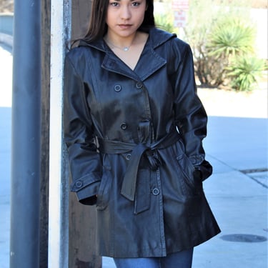 Vintage 1980s Giorgio Sant Angelo Leather Hooded Trench Coat, Small Women, black leather coat 