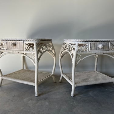 Vintage Coastal Palm Beach - Style White Woven Wicker Nightstands - a Pair 