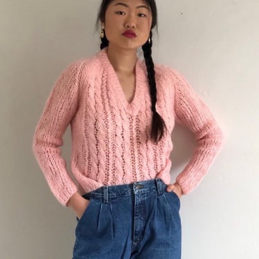 60s handknit mohair sweater / vintage blush pink cropped cable knit hand knit mohair Italian sweater | small 