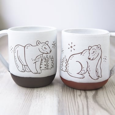 Polar Bears Mug - romantic snowy winter carved rustic pottery 