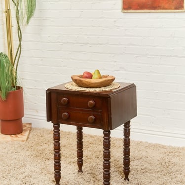 Antique Cherry Sheraton Side End Table Drop Leaf Drawers Bobbin Leg American Wild Cherry Cabinet Nightstand