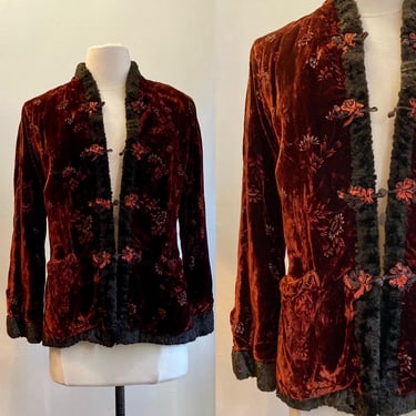 Vintage 70s VELVET Blazer + Reversible Faux Fur/ Hand Painted FLORAL /  Pockets + Frog Buttons + Collarless 