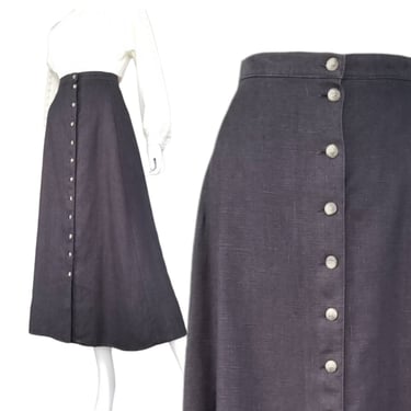 Vintage Linen Button Skirt, Small / 80s Black Flared Skirt / Charcoal Black Maxi Skirt / Boho Chic Panel Maxi Skirt / Long Flax Market Skirt 