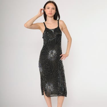 パーティードレス Black Beaded Silk Dress Vintage Black Beaded Silk Dress 90s Metallic Silver