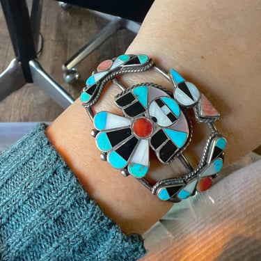 Vintage Zuni Sterling Silver Multi Stone Inlay Thunderbird Cuff Bracelet 