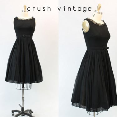 1950s chiffon dress | vintage jersey organza full skirt | xs 