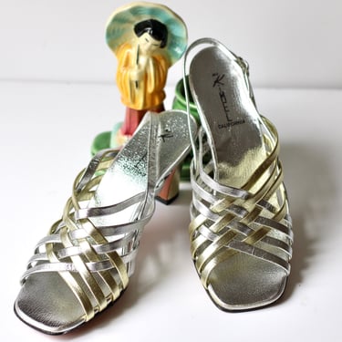 Unworn 1960s Metallic Leather Strap Evening Sandal - Mr. Kimmel Vintage Silver and Gold Mid Heel Pumps - 5.5 