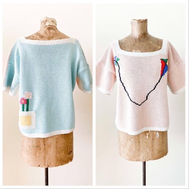 Vintage 80s Surrealist Knit Two Sided Shirt M - Blue Pink Pastel Colorblock - Kite Flowers in Pocket - Hand Made - Unique Quirky Kawaii 