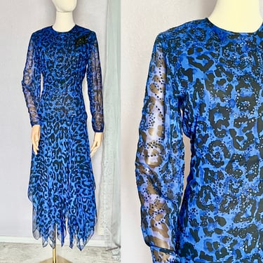 Leopard Print Cocktail Dress, Sequins, Sheer Layers, Open Back, AJ Bari, Blue Black Animal Print, Vintage 80s 90s 