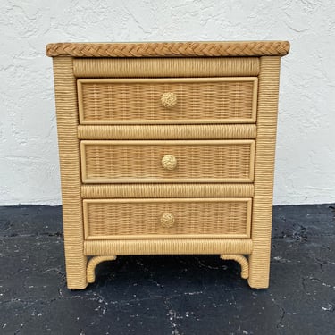 Henry Link Wicker Nightstand with 3 Drawers FREE SHIPPING - Vintage Wrapped Rattan Coastal Boho Chic End Table in Natural Finish 