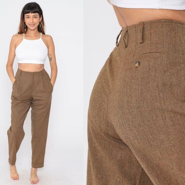Brown Wool Trousers 80s 90s Dress Pants Tapered Leg Pants High Waisted 1980s Office Work Pants Vintage Creased Pleated Pants Small 4 