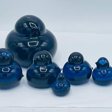 7 Piece set Blue Hand Blown Glass BIRD family Figurine Paperweight 