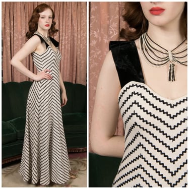 1930s Dress - Phenomenal Vintage 30s Cotton Pique Full Length Gown in Black White Chevron Stripes with Velvet Straps 