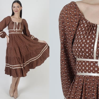 Brown Calico Gunne Sax Dress With Pockets, Vintage 70s Cottagecore Midi Gown, Jessica McClintock Bohemian Wedding Outfit 