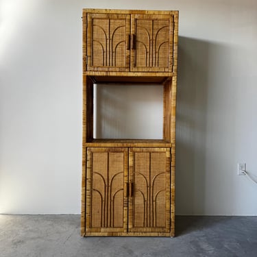 Vintage Coastal Organic  Two-Tier Storage with Upper & Lower Doors  Rattan Cabinet 