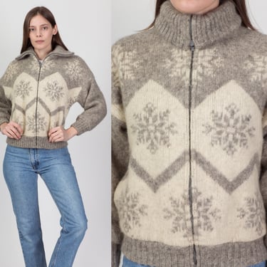 70s Hilda Icelandic Cropped Snowflake Sweater Coat - Women's Small | Vintage Fair Isle Wool Zip Up Winter Cardigan Bomber Jacket 