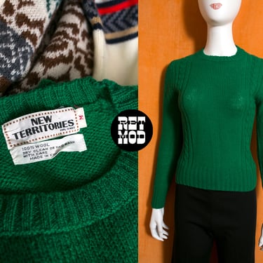 Cute Vintage 60s 70s Emerald Green Cable Knit Pullover Sweater 