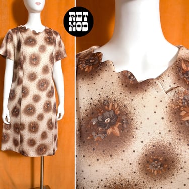 Unique Plus Size Vintage 60s 70s Brown Floral Dress with Scalloped Collar 
