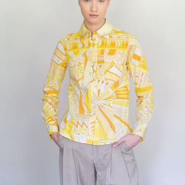 Vintage Emilio Pucci Y2K Western Geometric Print Top with Pearl Snap Buttons sz XS S M Abstract 60s Yellow Orange 