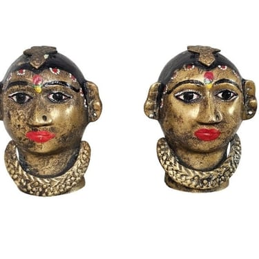 Antique India Painted Brass Hindu Gauri Head Sculpture Pair 