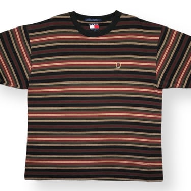 Vintage 90s Tommy Hilfiger Crest Logo Striped Graphic T-Shirt Size Large 