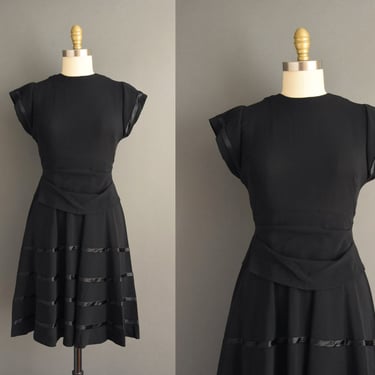 1950s dress | Black Rayon Satin Ribbon Cocktail Party Wedding Dress | Small Medium | 50s vintage dress 
