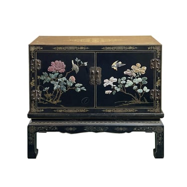 Vintage Oriental Black Base Color Stone Flower Birds Inset Storage Cabinet ws4665E 