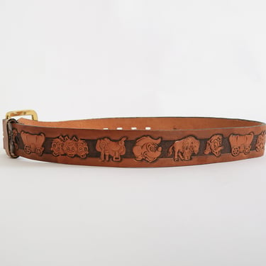 Vintage Chambers Disney western tooled brown leather kids belt 