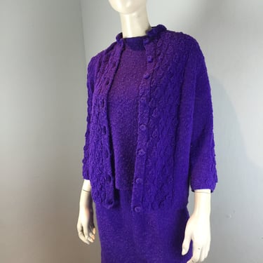 They Were the Custom Around Here - Vintage 1960s Purple Violet Wool Knit Sweater Skirt Set Cardigan - M/L 