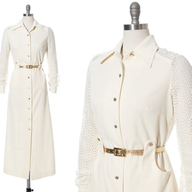 Vintage 1970s Maxi Dress | 70s Cream Off White Crochet Lace Polyester Gold Belt Shirtwaist Day Dress with Pockets (medium) 