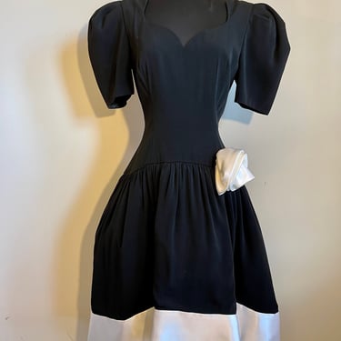 1980s Lillie Rubin Black Dress with White Rosette 