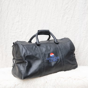 Vintage PEPSI Leather Duffle Bag, Weekender Bag, Black Leather Overnight Bag, Gym Bag 