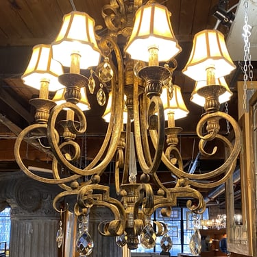 Large 8 Light Chandelier w Cloth Shades and Prisms