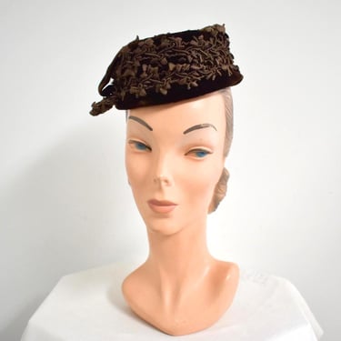 1950s Mr. John Demi-Chapeau Brown Velvet Vine Detail Hat 