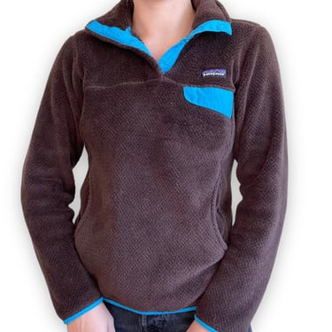 Patagonia Womens Brown Fleece Blue Trim Snap Pullover Sweatshirt Sz XS 