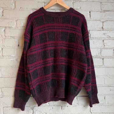 Large, Vintage 1990s Boundary Waters Grid Pattern Knit Sweater, Crewneck, Pullover 