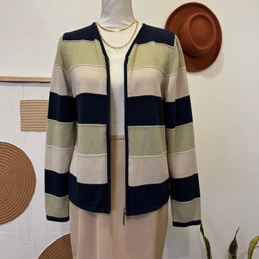 Vintage 90s Sage Green, Navy Wide Striped Zip Up Cotton Cardigan Sweater 