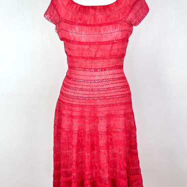 Vintage 50s 60s Pink Silk Ribbon Dress / 1950s Sheer Lace Dress Circle Skirt / Salmon Pink Small Medium VLV New Look Pin Up PinUp Rockabilly 