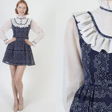 High Waisted 60s Babydoll Dress, Mod Micro Mini Swiss Dot Print, Sheer Sleeve Go Go Tuxedo Frock 