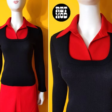 Hot Vintage 60s 70s Black Ribbed Top with Built-In Red Collar 
