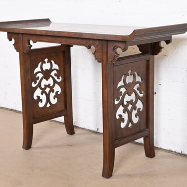 Michael Taylor for Baker Furniture Hollywood Regency Chinoiserie Burl Wood Console or Altar Table