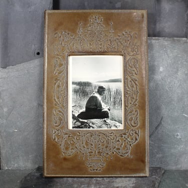 Gorgeous Antique Photograph in Distinctive Leather Frame | "Man by Pond" circa 1930s in Modern Leather Frame 