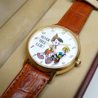 Vintage 1980's Wrist Watch Pinocchio & Jiminy Cricket - Never Tell A Lie ! Exclusive Disney Store Watch, Unused in Original Case 