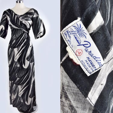 50's Paradise HAWAII Long Maxi Dress Wrap Bodice, Mod Vintage Hawaiian Dress 1960's, Medium, Grey Black & White Polished Cotton Print 1950s 