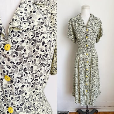 Vintage 1940s Yellow and Black Deco Print Rayon Dress / L 