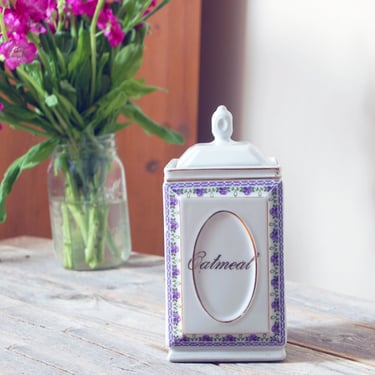 Vintage floral canister / vintage L&R Germany ceramic canister / oatmeal canister / spice canister / violet canister / cottage decor 