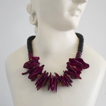 1980s Purple Wooden Shards and Beads Necklace 